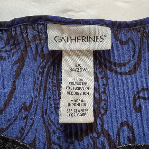 Catherines Blue Black Scroll Crinkle Pleated Crochet Georgette Blouse‎ Size 5X - Picture 9 of 10